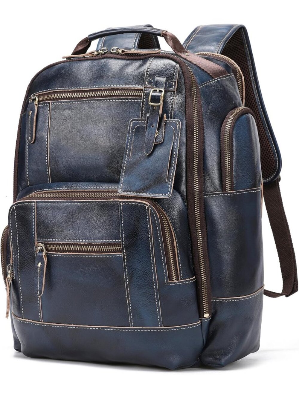 Men's Blue Genuine Leather 15.6 Laptop Business Travel Rucksack 24l Backpack